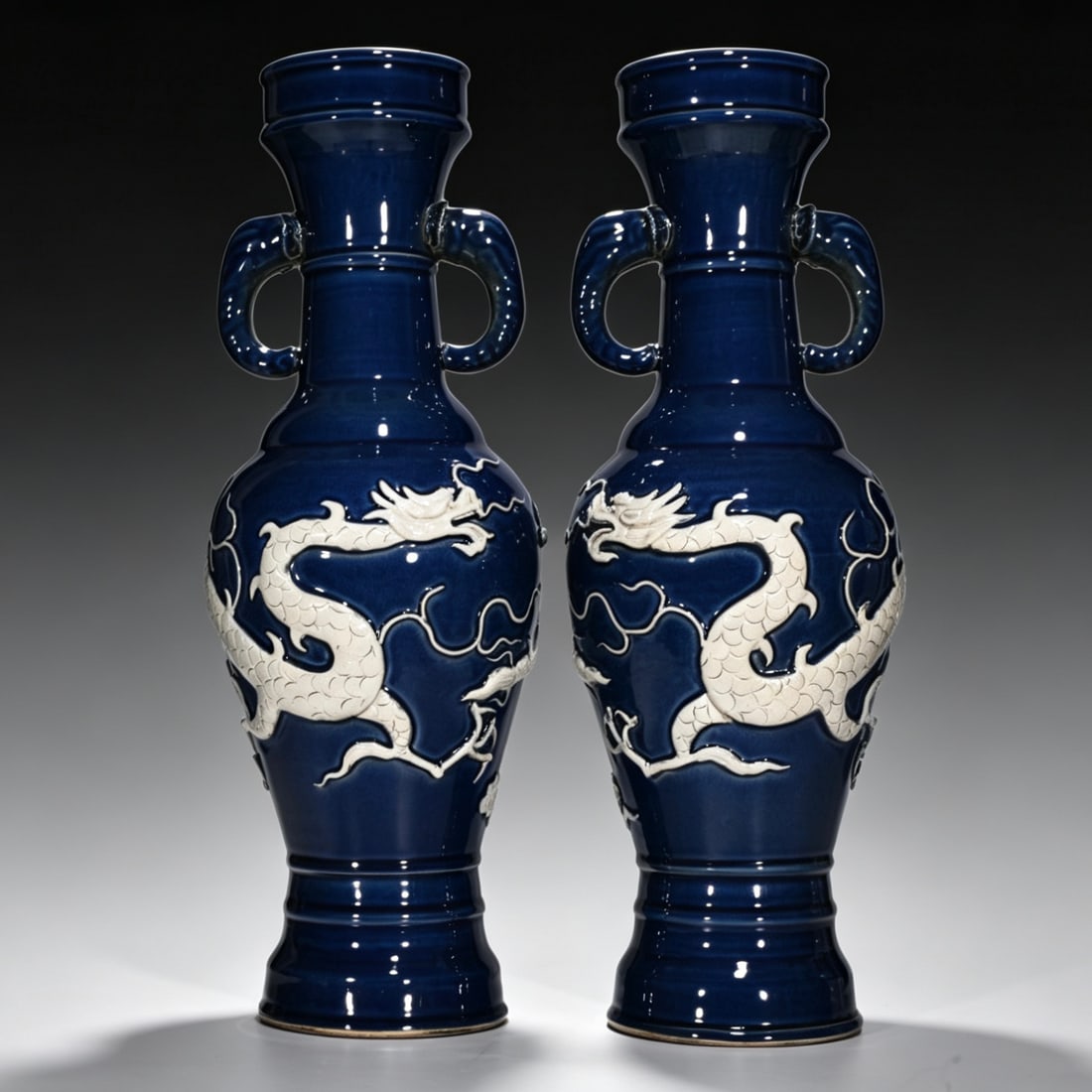 An Exquisite Chinese blue embossed cloudAnd dragon pattern elephant ear vase (1 of 9)