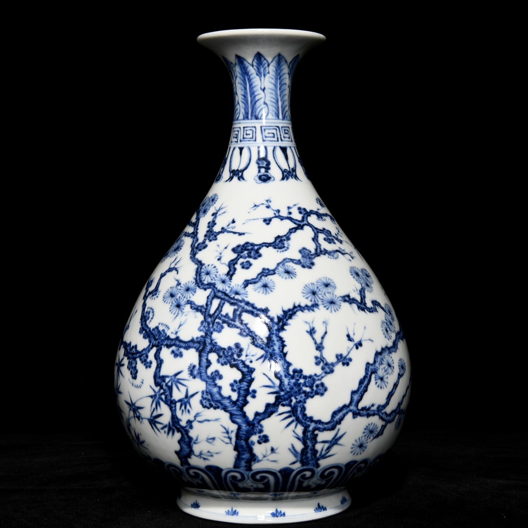 An Exquisite Chinese blue and white pine bamboo and plum pattern jade pot spring vase: Size: Height 28.5 cm - Width 19 cm |Materials: Porcelain |Style Dynasty: Ming dynasty |Attributed: Xuande Mark |Object: Chinese Antique