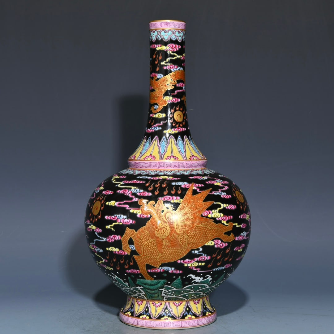 An exquisite chinese black gold-glazed pastel-painted bile vase with gold unicorn pattern: Size: Height 32.5 cm - Width 17.5 cm |Materials: Porcelain |Style Dynasty: Qing dynasty |Attributed: Qianlong Mark |Object: Chinese Antique