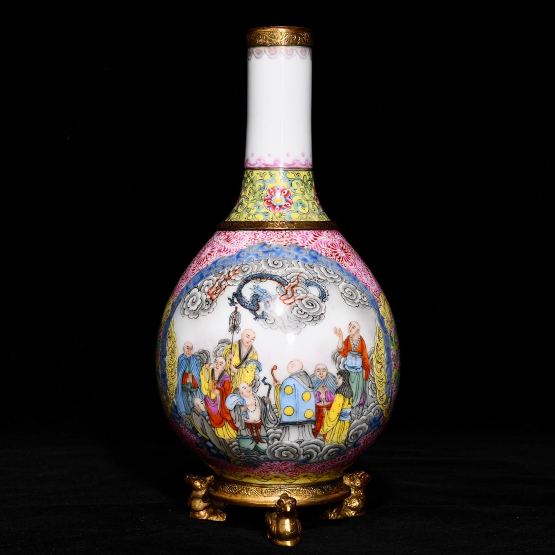 An exquisite chinese gilt copper and enamel vase with eighteen arhat patterns: Size: Height 24.8 cm - Width 12 cm |Materials: Porcelain |Style Dynasty: Qing dynasty |Attributed: Qianlong Mark |Object: Chinese Antique