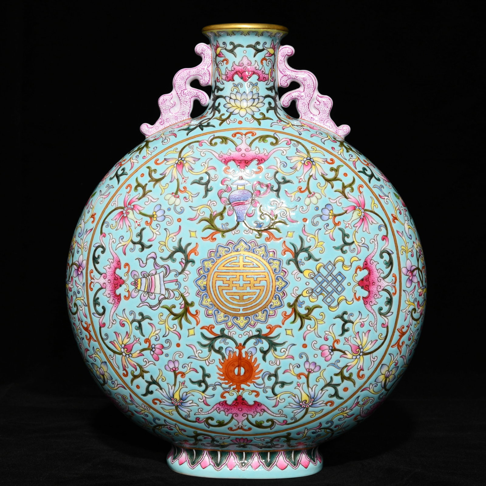 An exquisite chinese turquoise green land pastel five-blessed and long-lasting eight-treasure: Size: Height 32 cm - Width 26 cm |Materials: Porcelain |Style Dynasty: Qing dynasty |Attributed: Qianlong Mark |Object: Chinese Antique
