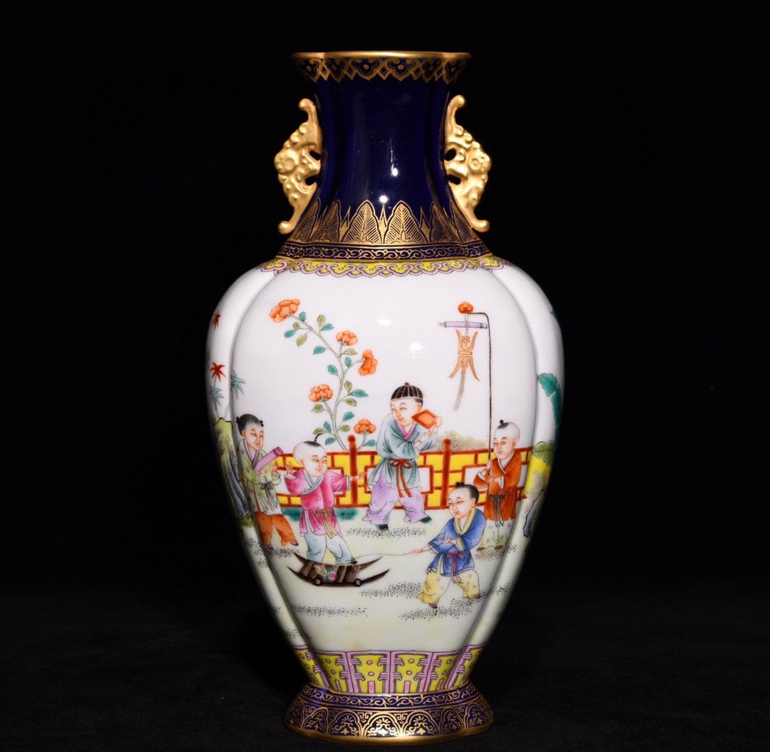 An exquisite chinese blue glaze gold and pastel color amphora with baby playing: Size: Height 23 cm - Width 12 cm |Materials: Porcelain |Style Dynasty: Qing dynasty |Attributed: Qianlong Mark |Object: Chinese Antique