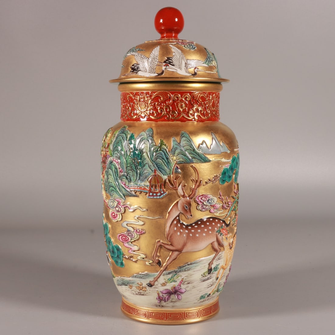 An Exquisite Chinese enamel-carved golden deer and crane with spring tea cask: Size: Height 26 cm - Width 12 cm |Materials: Porcelain |Style Dynasty: Qing dynasty |Attributed: qianlong Mark |Object: Chinese Antique