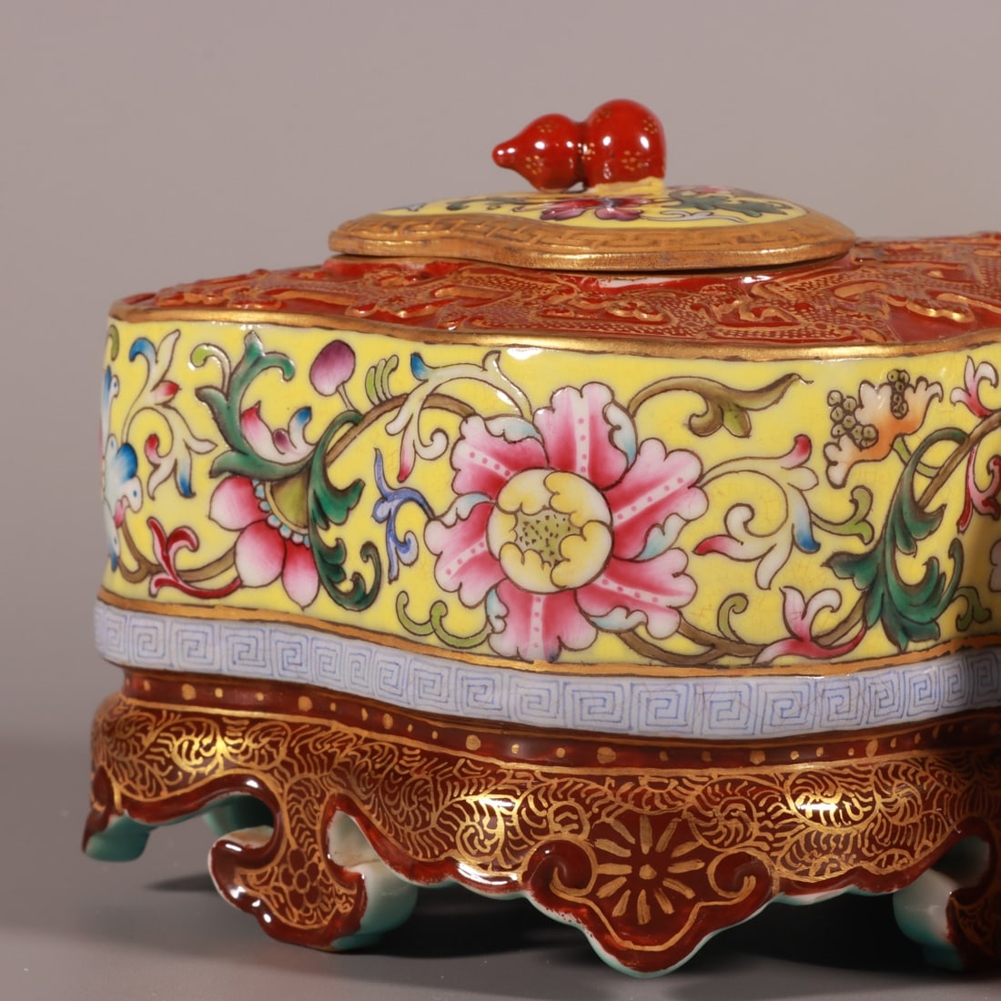 An Exquisite Chinese enamel and yellow ground carved lotus gourd with entwining branches and washer: Size: Height 9.5 cm - Width 19.6 cm |Materials: Porcelain |Style Dynasty: Qing dynasty |Attributed: qianlong Mark |Object: Chinese Antique