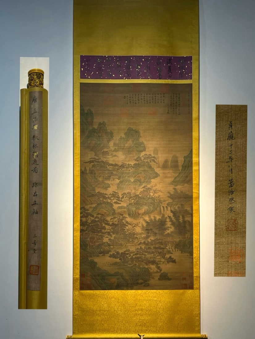 An Exquisite Chinese scroll hand painting: Size: Height 207 cm - Width 106 cm |Materials: Silk and Paper |Style Dynasty: Tang Dynasty |Attributed: Meng Haoran |Object: Scroll|Meng Haoran's exquisite nine foot silk scroll painting _Autumn Fores