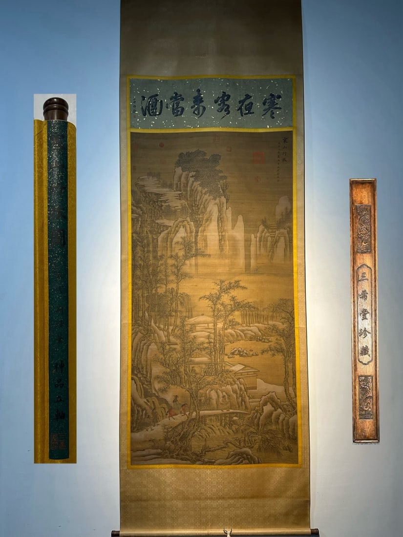 An Exquisite Chinese scroll hand painting: Size: Height 236 cm - Width 102 cm |Materials: Silk and Paper |Style Dynasty: Tang Dynasty |Attributed: Jing Hao |Object: Scroll|Jing Hao's exquisite nine foot silk hand drawn painting _Journey to Col