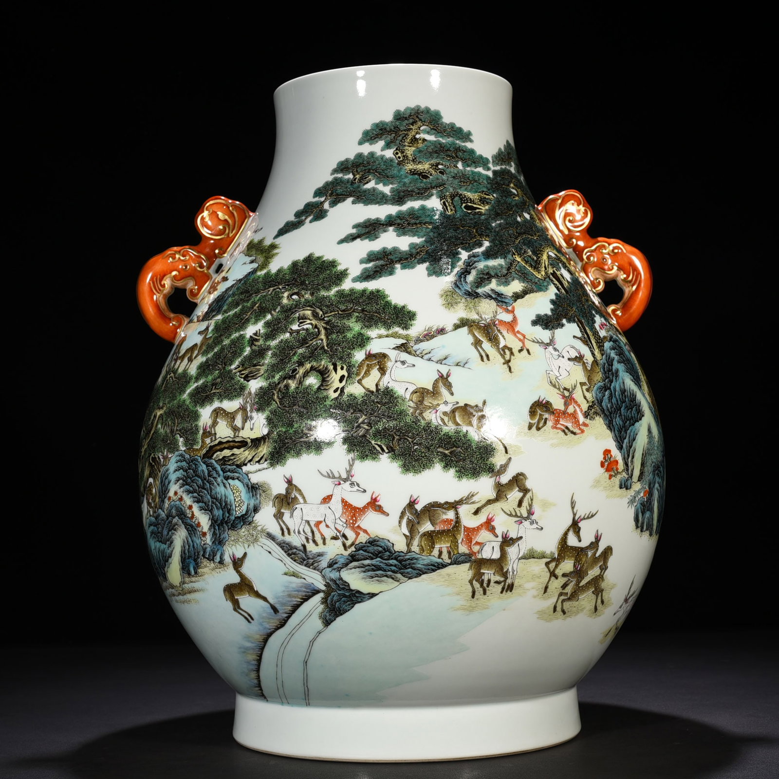 An Exquisite Chinese Yangcai Double Chi Dragon Ear Hundred Deer Zun: Size: Height 50 cm - Width 40 cm |Materials: Porcelain |Style Dynasty: Qing dynasty |Inscription: Qianlong Mark |Object: amphora