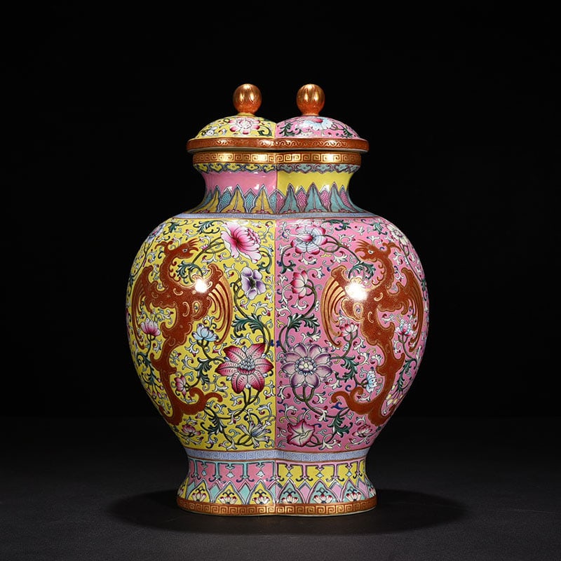 An Exquisite Chinese enamel painted gold double vases with branches and phoenix patterns: Size: Height 37 cm - Width 25 cm |Materials: Porcelain |Style Dynasty: Qing dynasty |Inscription: Qianlong Mark |Object: vase