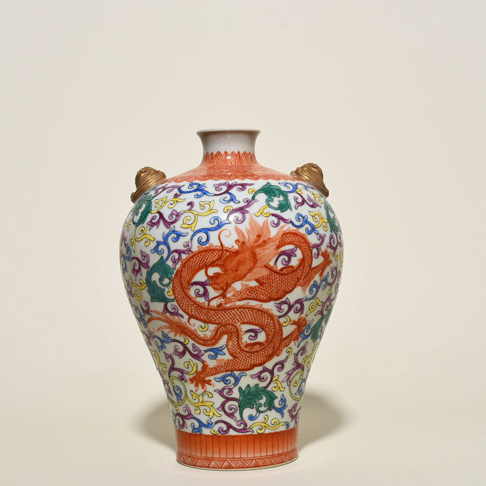 An Exquisite Chinese enamel double-eared plum vase with wrapped branches and dragon pattern: Size: Height 26 cm - Width 14 cm |Materials: Porcelain |Style Dynasty: Qing dynasty |Inscription: Qianlong Mark |Object: plum vase
