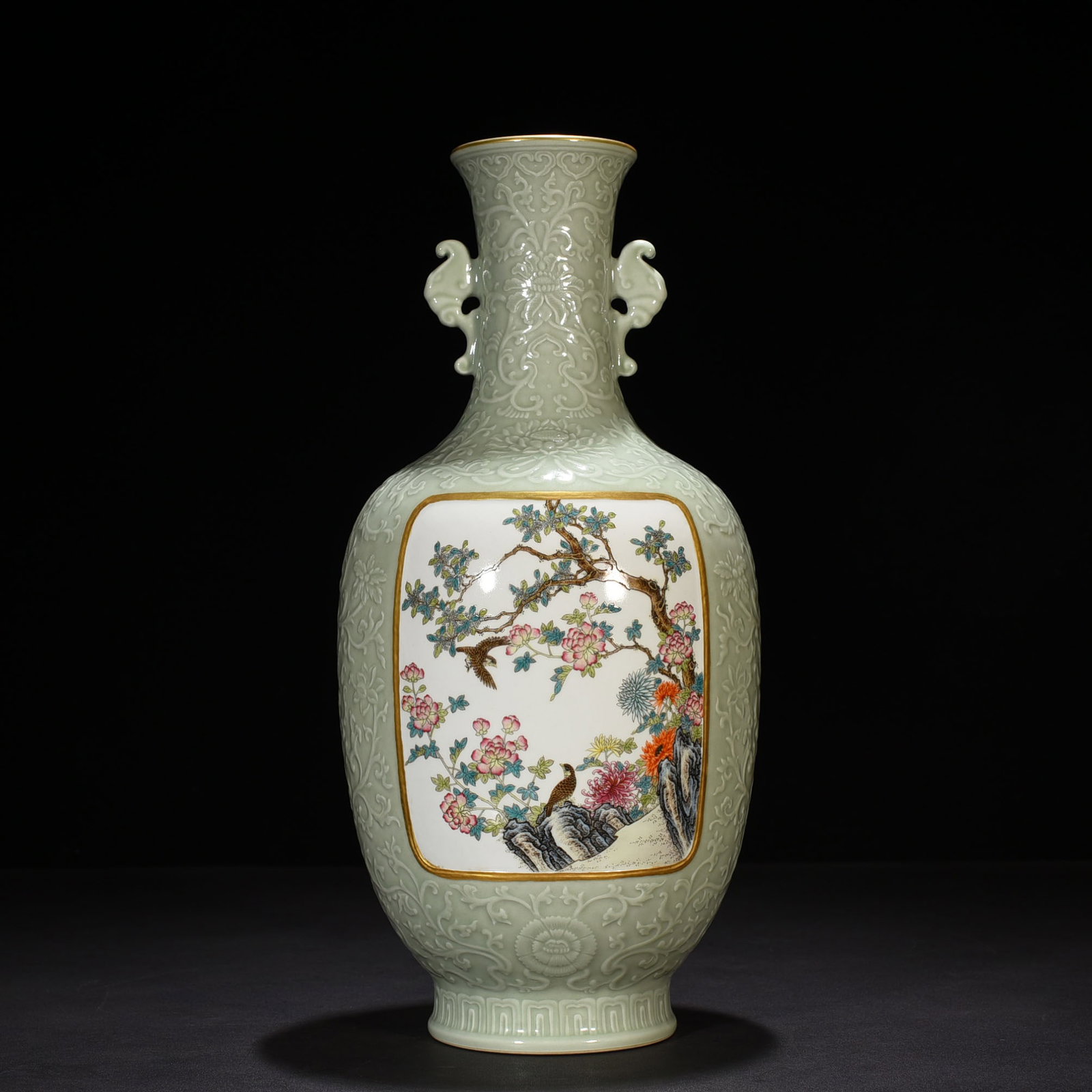 An Exquisite Chinese pink celadon glaze windowed pastel flower and bird amphora: Size: Height 44 cm - Width 26 cm |Materials: Porcelain |Style Dynasty: Qing dynasty |Inscription: Qianlong Mark |Object: amphora