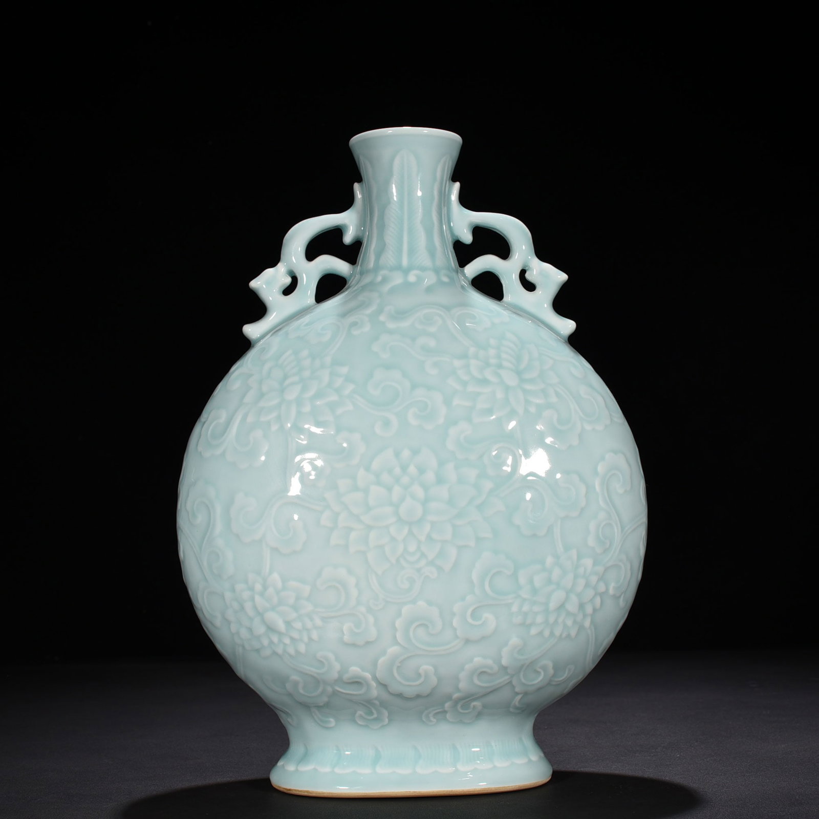 An Exquisite Chinese pink celadon glaze flat vase with carved florals: Size: Height 37 cm - Width 24 cm |Materials: Porcelain |Style Dynasty: Qing dynasty |Inscription: Qianlong Mark |Object: flat vase