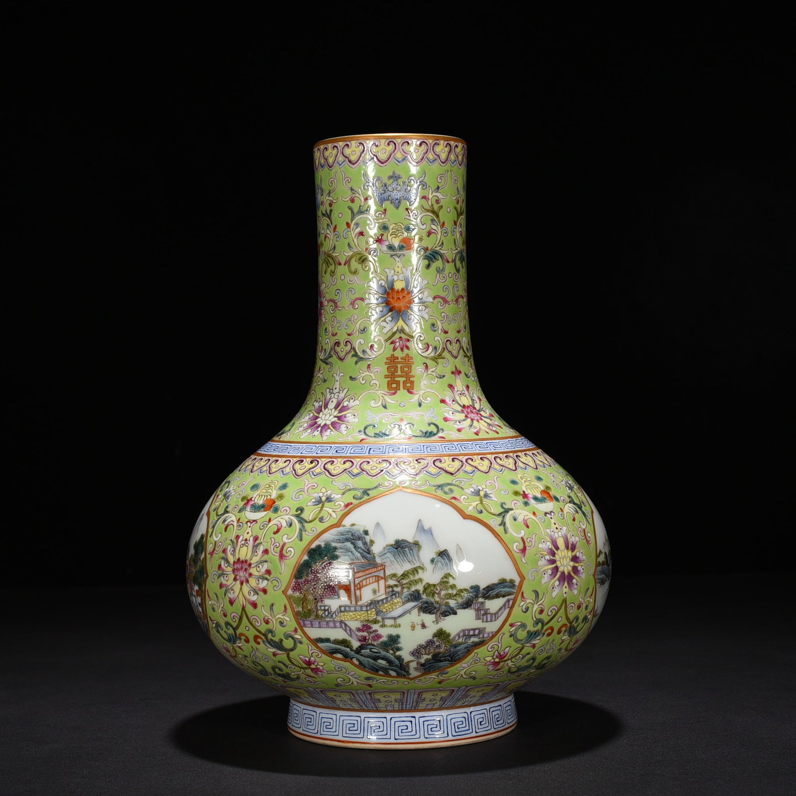 An Exquisite Chinese Green Land Double Happiness Flower Window Straight Neck Vase: Size: Height 30 cm - Width 25 cm |Materials: Porcelain |Style Dynasty: Qing dynasty |Inscription: Qianlong Mark |Object: vase