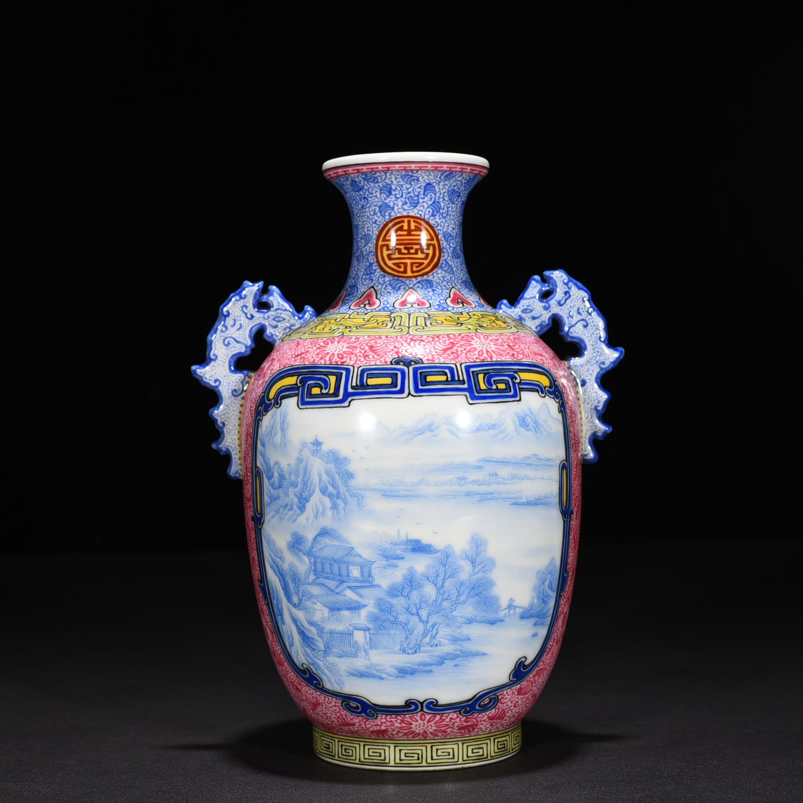 An Exquisite Chinese rouge red windowed blue material enamel landscape amphora: Size: Height 18 cm - Width `14 cm |Materials: Porcelain |Style Dynasty: Qing dynasty |Inscription: Qianlong Mark |Object: amphora
