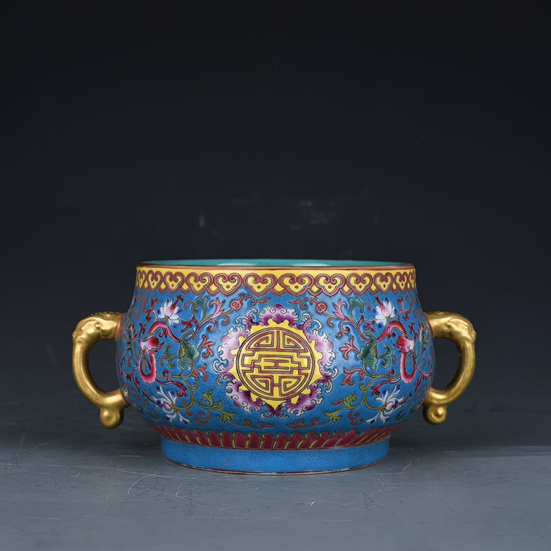 An Exquisite Chinese blue background pastel dragon longevity double-eared stove (1 of 9)