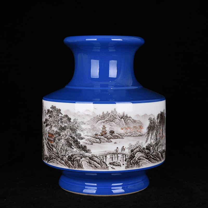 An Exquisite Chinese blue-glazed ink-color landscape vase: Size: Height 28 cm - Width 23 cm |Materials: Porcelain |Style Dynasty: Qing dynasty |Inscription: Qianlong Mark |Object: vase