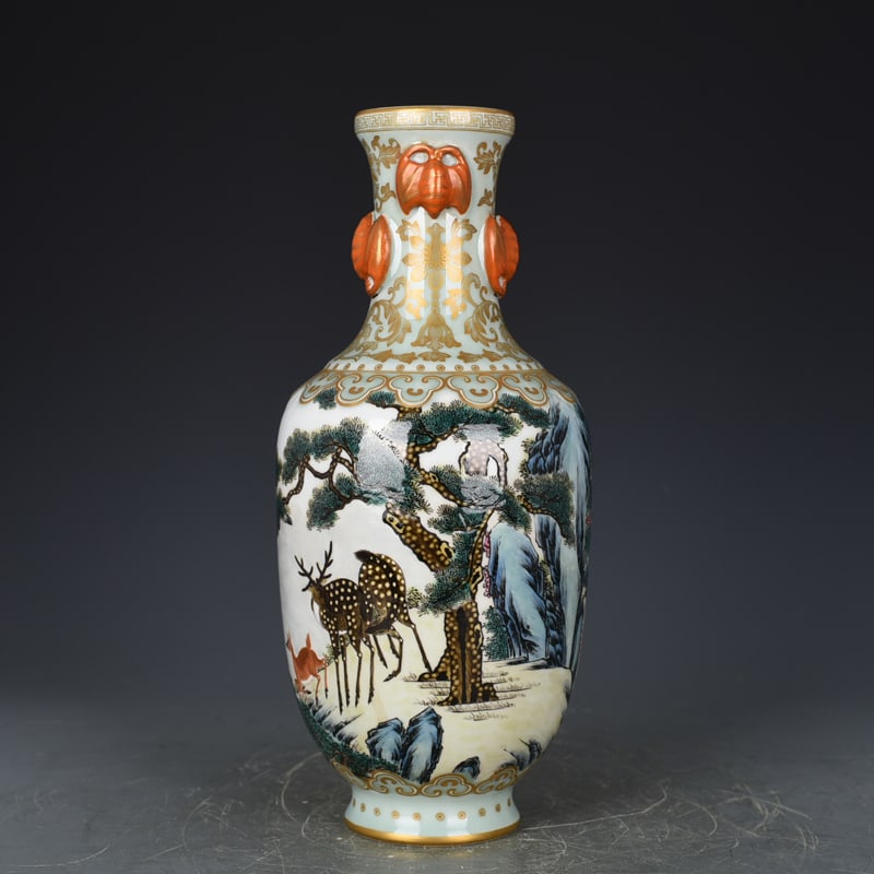 An Exquisite Chinese bean green glaze gold-painted vase with pine and deer fortune: Size: Height 30.5 cm - Width 12 cm |Materials: Porcelain |Style Dynasty: Qing dynasty |Inscription: Qianlong Mark |Object: vase