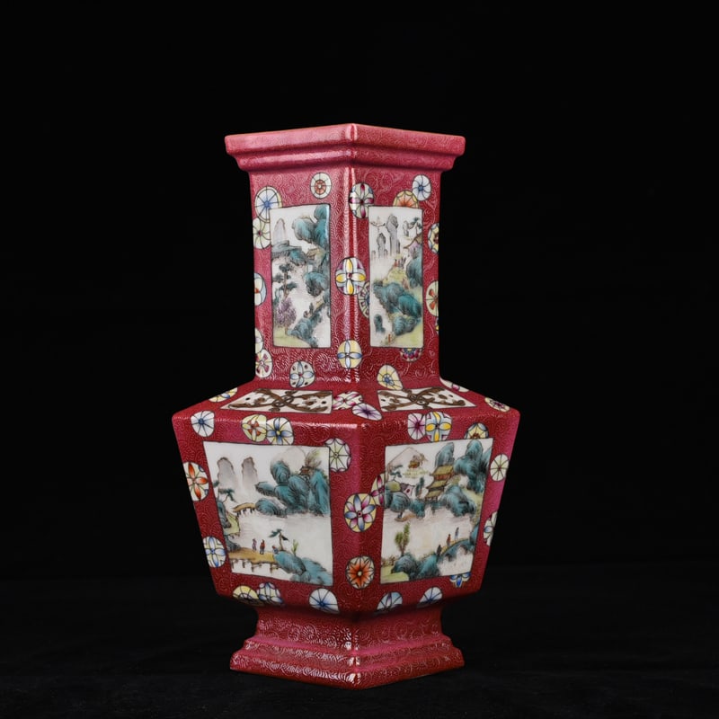 An Exquisite Chinese consecrated famille rose landscape rhombus vase: Size: Height 24 cm - Width 15 cm |Materials: Porcelain |Style Dynasty: Qing dynasty |Inscription: Qianlong Mark |Object: vase