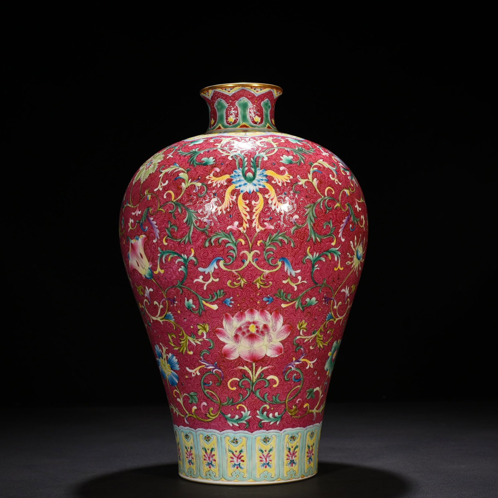 An Exquisite Chinese rolling road carmine red ground pastel flower plum vase: Size: Height 38 cm - Width 24 cm |Materials: Porcelain |Style Dynasty: Qing dynasty |Inscription: Qianlong Mark |Object: plum vase
