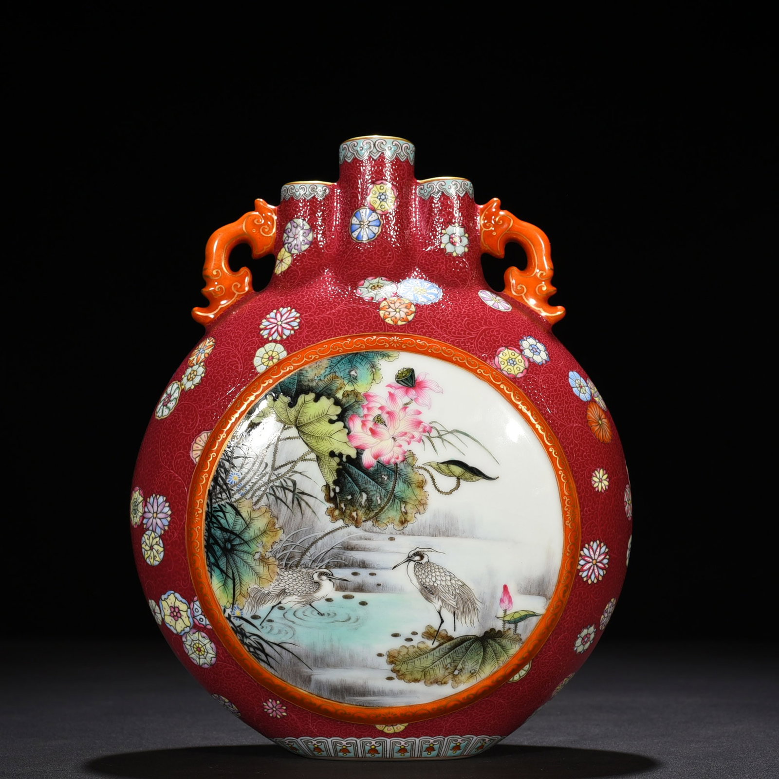 An Exquisite Chinese rolled carmine red window enamel three-tube flat bottle (1 of 9)