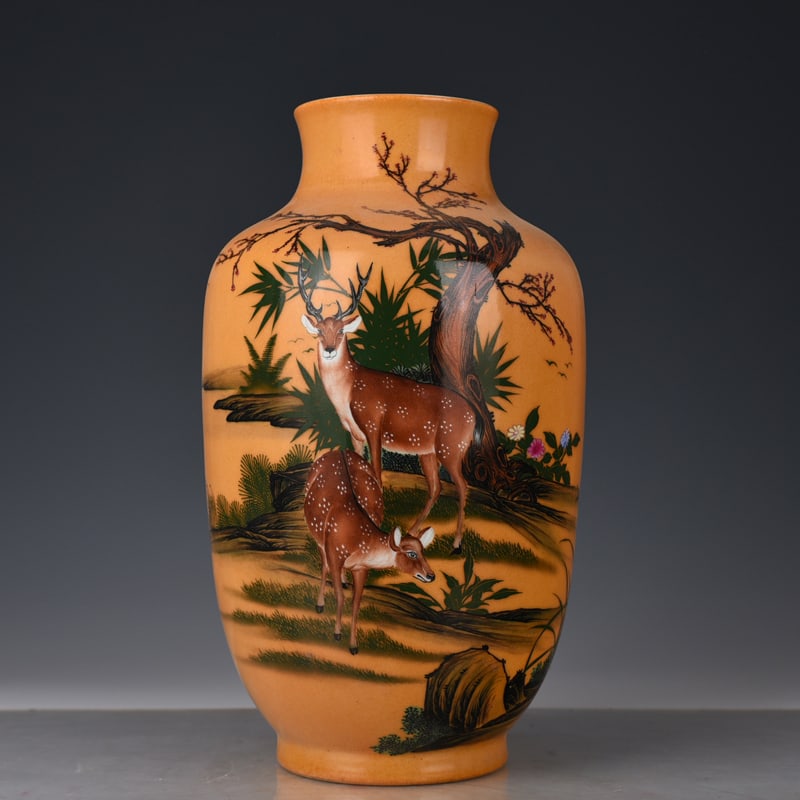 An Exquisite Chinese Lang Shining Painted Double Deer Lantern Vase: Size: Height 39 cm - Width 20 cm |Materials: Porcelain |Style Dynasty: Qing dynasty |Inscription: Qianlong Mark |Object: vase