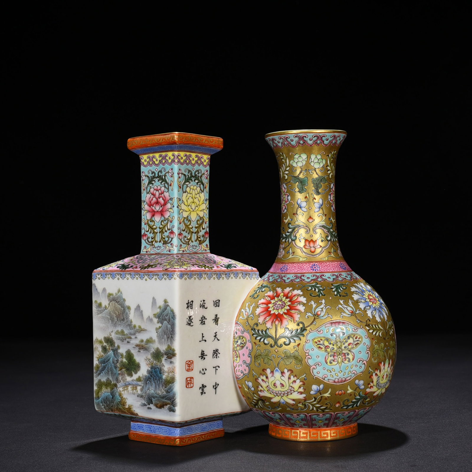 An Exquisite Chinese gold ground enamel flower landscape poem conjoined vase: Size: Height 20 cm - Width 20 cm |Materials: Porcelain |Style Dynasty: Qing dynasty |Inscription: Qianlong Mark |Object: vase
