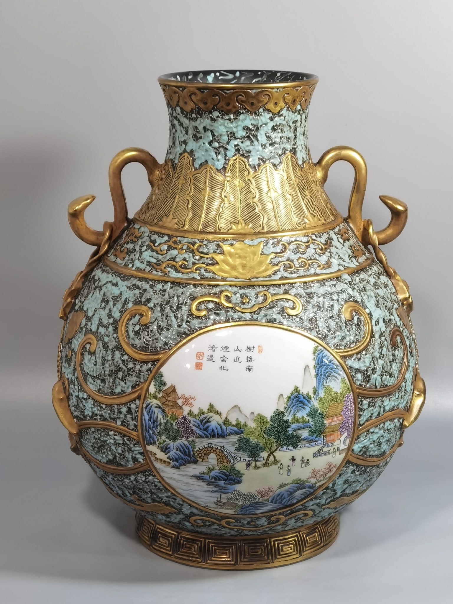 An Exquisite Chinese bronze color gold-painted window pastel landscape: Size: Height 35.8 cm - Width 27.5 cm |Materials: Porcelain |Style Dynasty: Qing dynasty |Inscription: Qianlong Mark |Object: vase