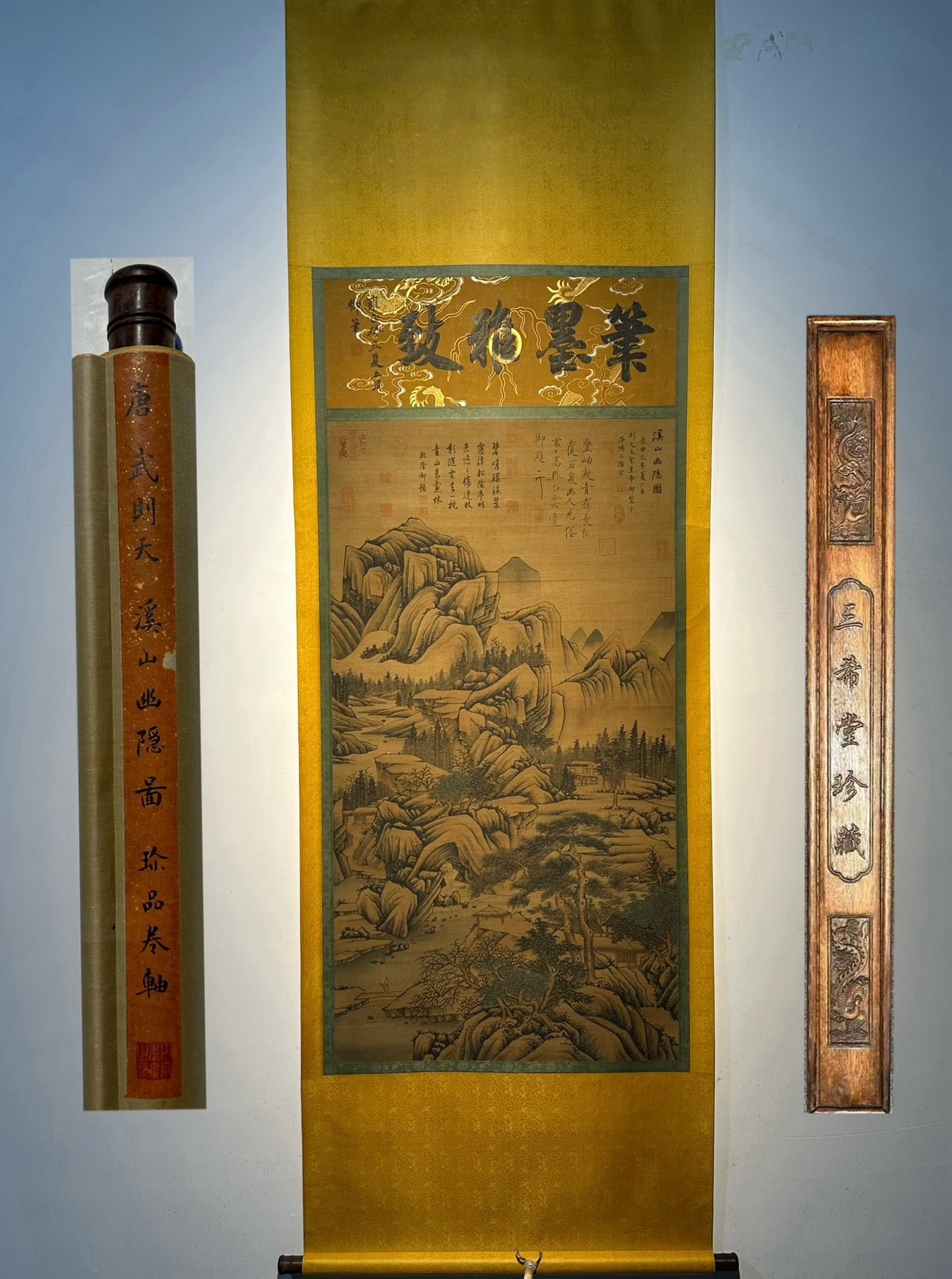 An Exquisite Chinese scroll painting: Size: Height 154 cm - Width 68 cm Materials: Silk and Paper Time Period: Tang Dynasty Manufactured by: Wu Zetian Object: Scroll Wu Zetian's exquisite silk hand drawn landscape painting _Hidden in the 