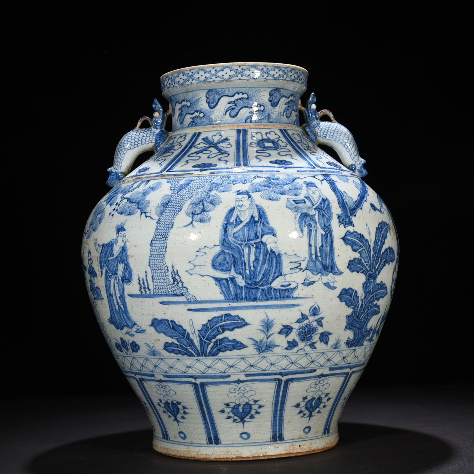 An Exquisite Chinese blue and white large jar with two ears decorated with story of three visits (1 of 9)