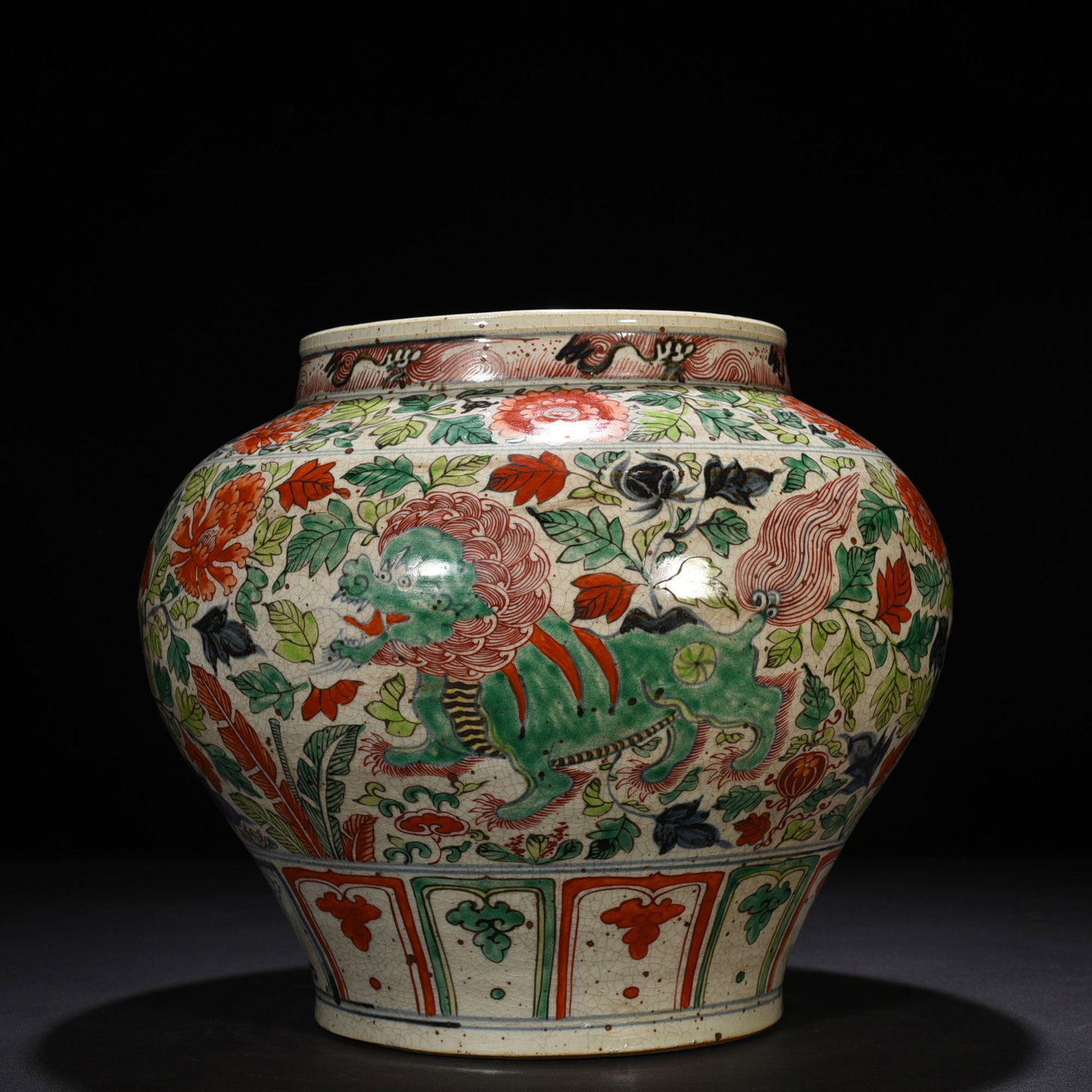 An Exquisite Chinese blue and white colorful jar with branches and lion pattern: Size: Height 31 cm - Width 30 cm |Materials: Porcelain |Style Dynasty: Yuan dynasty |Attributed: 13th-c |Object: jar