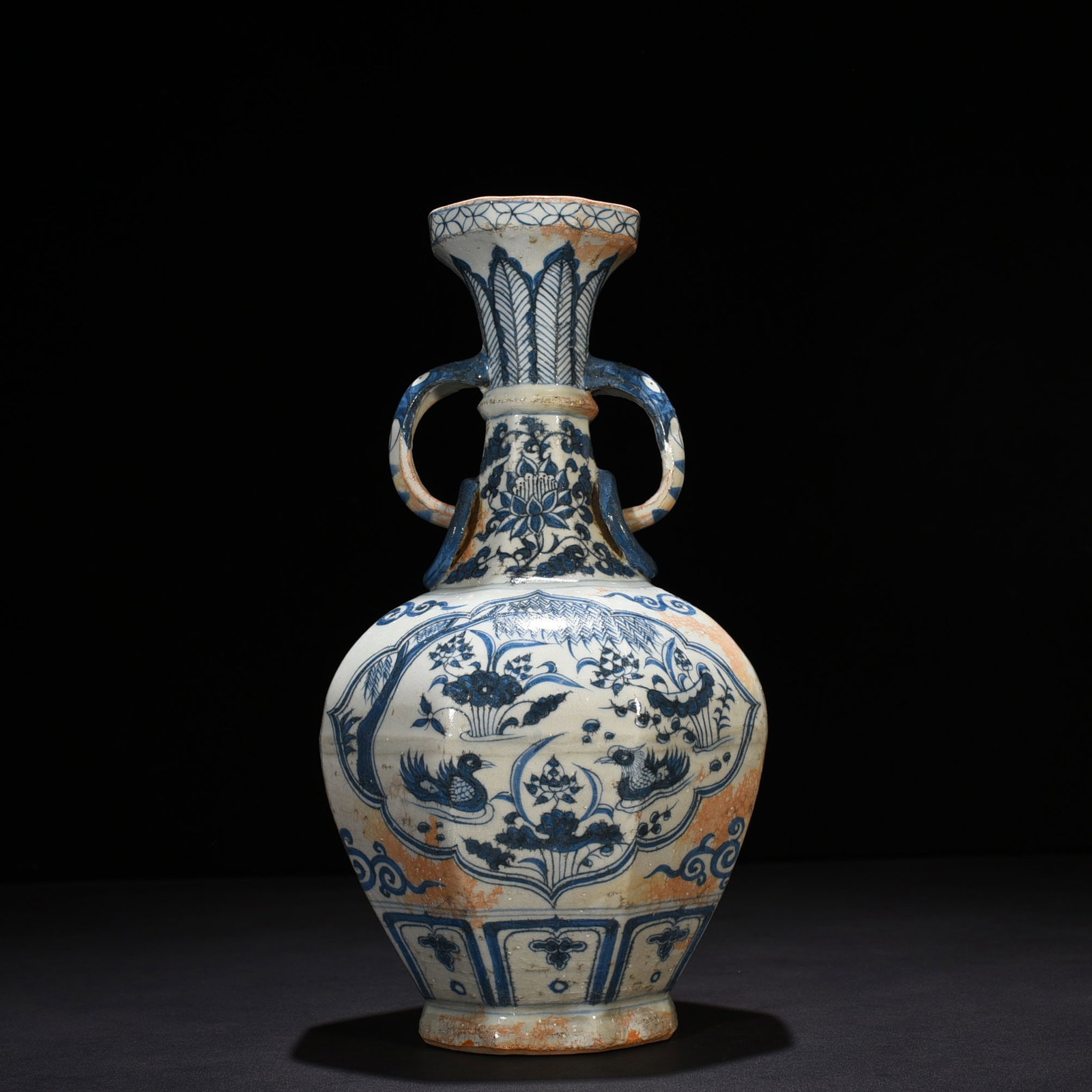 An Exquisite Chinese blue and white lotus pond double-eared octagonal vase with mandarin duck: Size: Height 35 cm - Width 21 cm |Materials: Porcelain |Style Dynasty: Yuan dynasty |Attributed: 13th-c |Object: vase