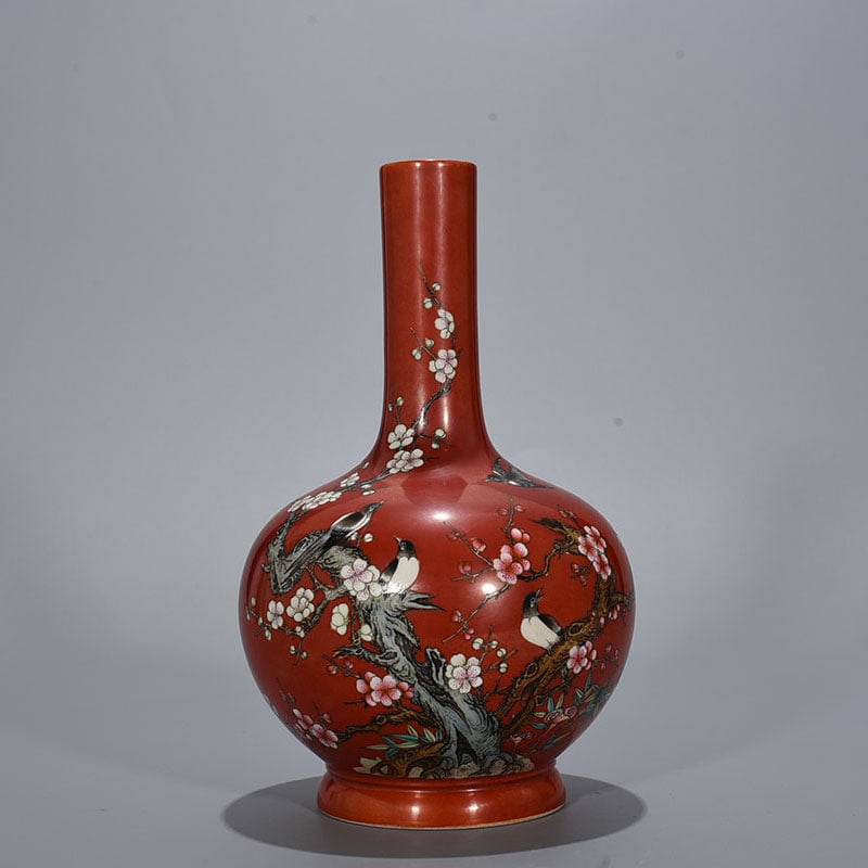 An Exquisite Chinese pastel magpie plum pattern straight neck vase: Size: Height 30 cm - Width 14 cm |Materials: Porcelain |Style Dynasty: Qing dynasty |Inscription: Qianlong Mark |Object: plum vase