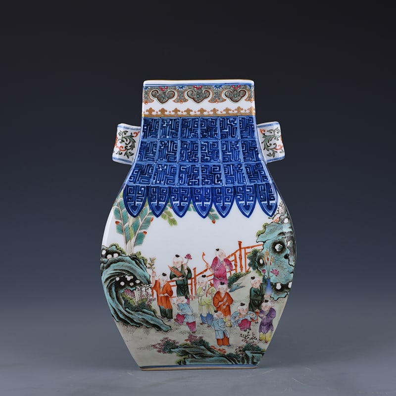 An Exquisite Chinese pastel square pot with baby's play pattern: Size: Height 27 cm - Width 17 cm |Materials: Porcelain |Style Dynasty: Qing dynasty |Inscription: Qianlong Mark |Object: pot