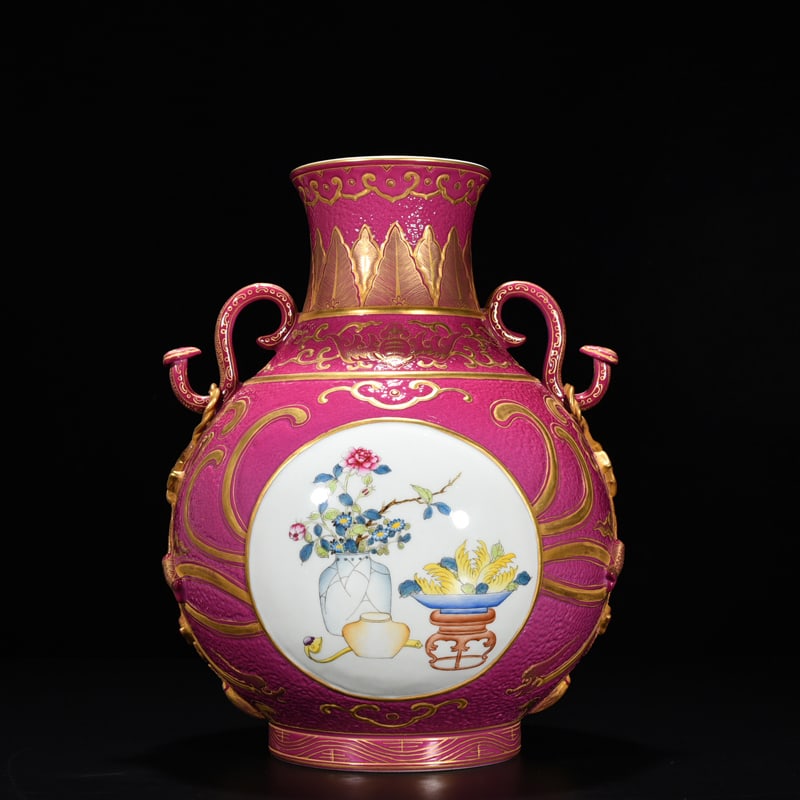 An Exquisite Chinese carved rouge red consecrated pastel ancient flower Ruyi double-eared statue: Size: Height 36 cm - Width 27 cm |Materials: Porcelain |Style Dynasty: Qing dynasty |Inscription: Qianlong Mark |Object: statue
