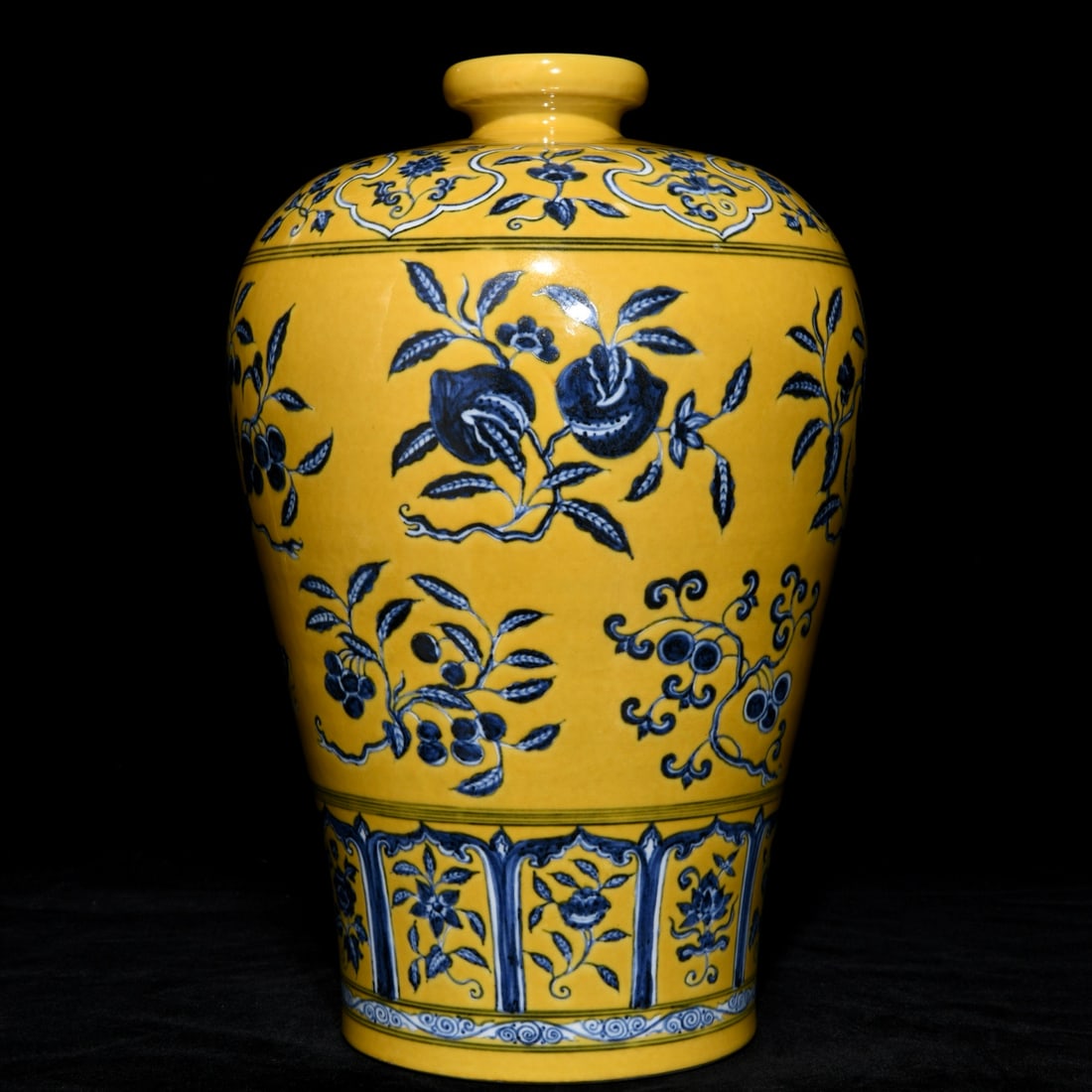 An Exquisite Chinese yellow ground blue and white plum vase with folded branches melons and fruits: Size: Height 34.5 cm - Width 22.5 cm |Materials: Porcelain |Style Dynasty: Ming dynasty |Inscription: N/A |Object: Chinese Antique