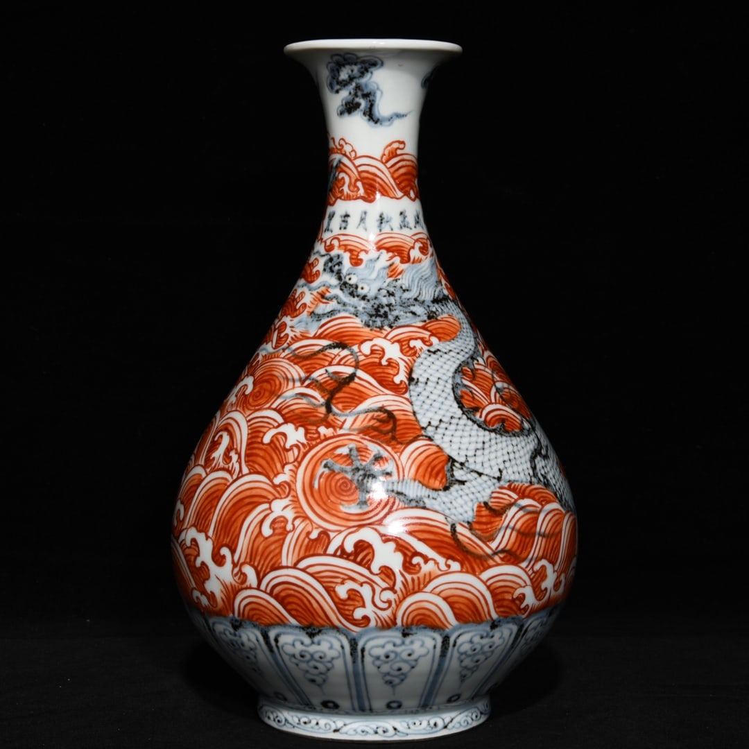 An Exquisite Chinese blue and white alum red sea water dragon pattern jade pot spring vase: Size: Height 32.5 cm - Width 20 cm |Materials: Porcelain |Style Dynasty: Ming dynasty |Inscription: Hongwu Mark |Object: Chinese Antique