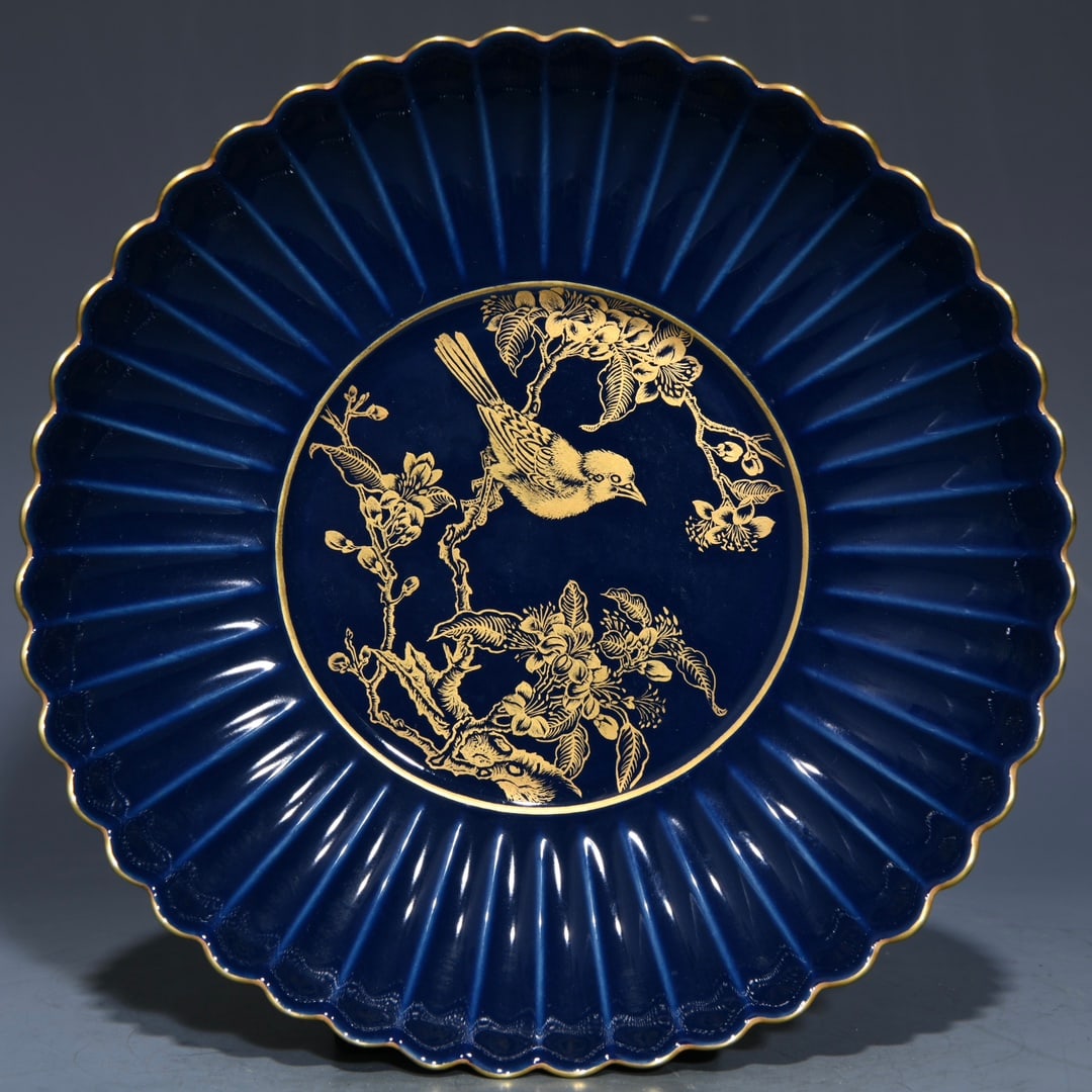 An Exquisite Chinese Festival blue-painted chrysanthemum petal plate with golden flower and bird: Size: Width 18.2 cm - Height 3.8 cm |Materials: Porcelain |Style Dynasty: Qing dynasty |Inscription: Yongzheng Mark |Object: Chinese Antique