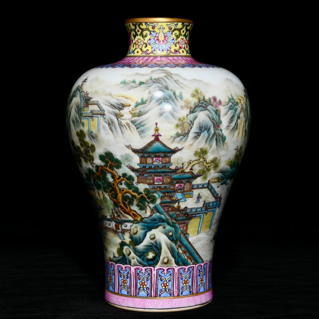 An exquisite Chinese heavy industry pastel landscape and attic plum vase: Size: Height 24.5 cm - Width 16 cm |Materials: Porcelain |Style Dynasty: Qing dynasty |Inscription: Qianlong Mark |Object: Chinese Antique