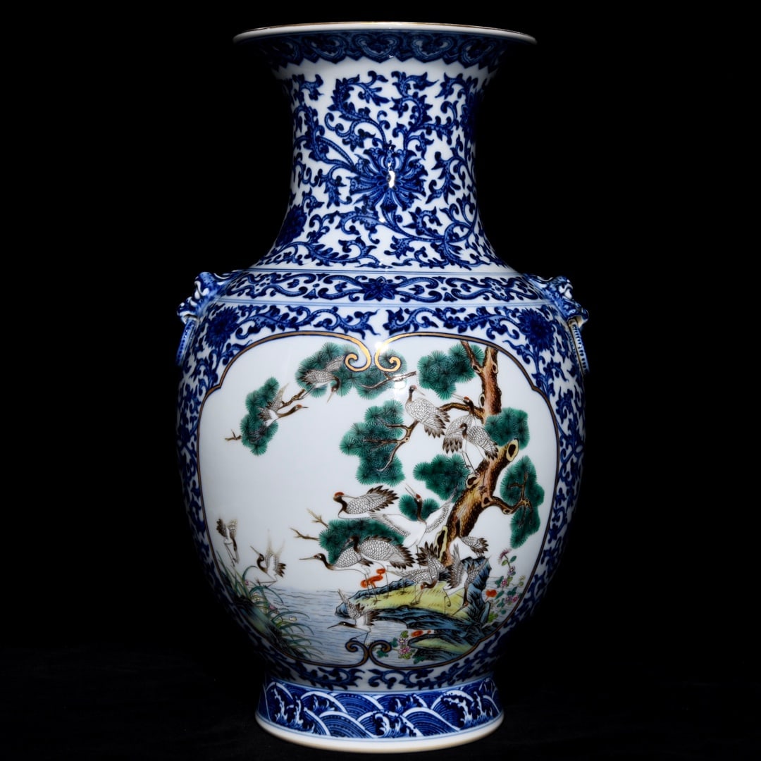 An exquisite Chinese blue and white windowed pastel pine crane and longevity vase: Size: Height 40.2 cm - Width 25 cm |Materials: Porcelain |Style Dynasty: Qing dynasty |Inscription: Qianlong Mark |Object: Chinese Antique