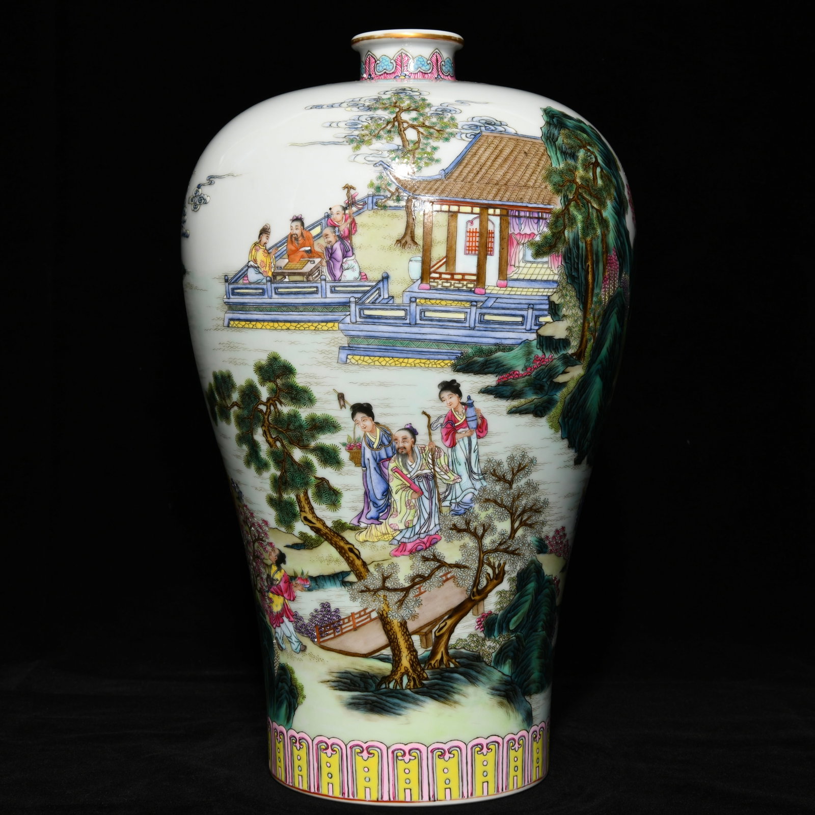 An exquisite Chinese pastel-coloured plum vase with group of immortals: Size: Height 38 cm - Width 25 cm |Materials: Porcelain |Style Dynasty: Qing dynasty |Inscription: Yongzheng Mark |Object: Chinese Antique