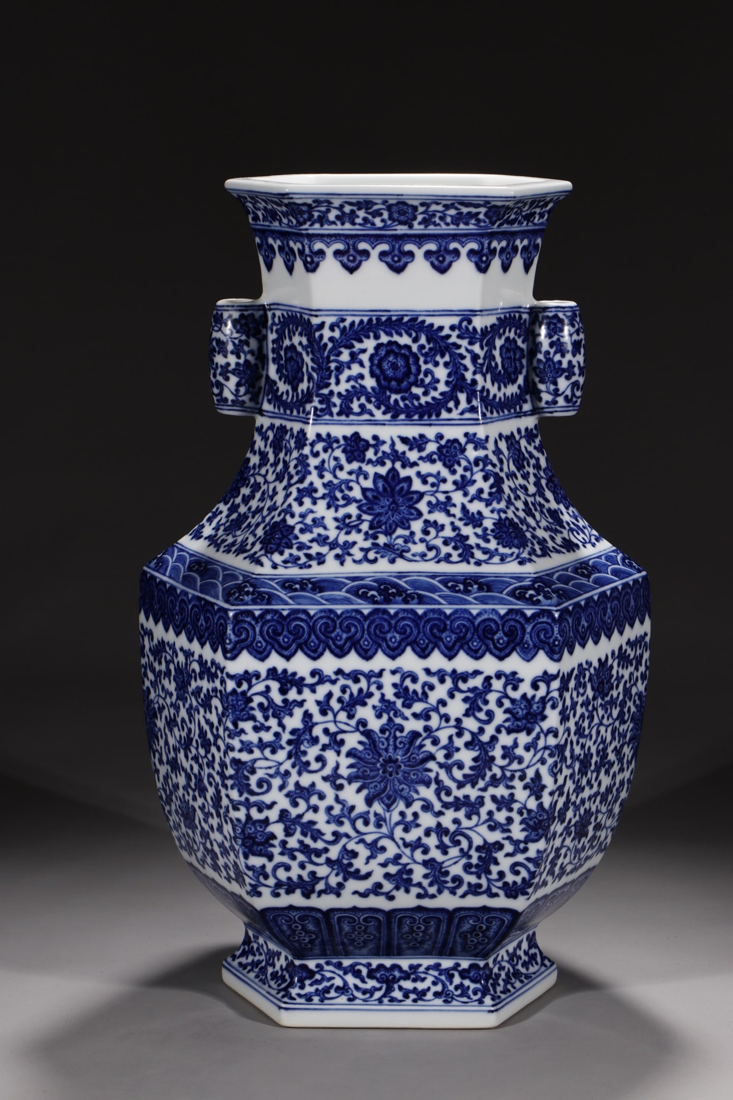 An Exquisite Chinese Blue and white lotus with twining branches and six directions penetrating the: Size: Height 46.2 cm - Width 14.2 cm |Materials: Porcelain |Style Dynasty: Qing dynasty |Inscription: Qianlong Mark |Object: Chinese Antique
