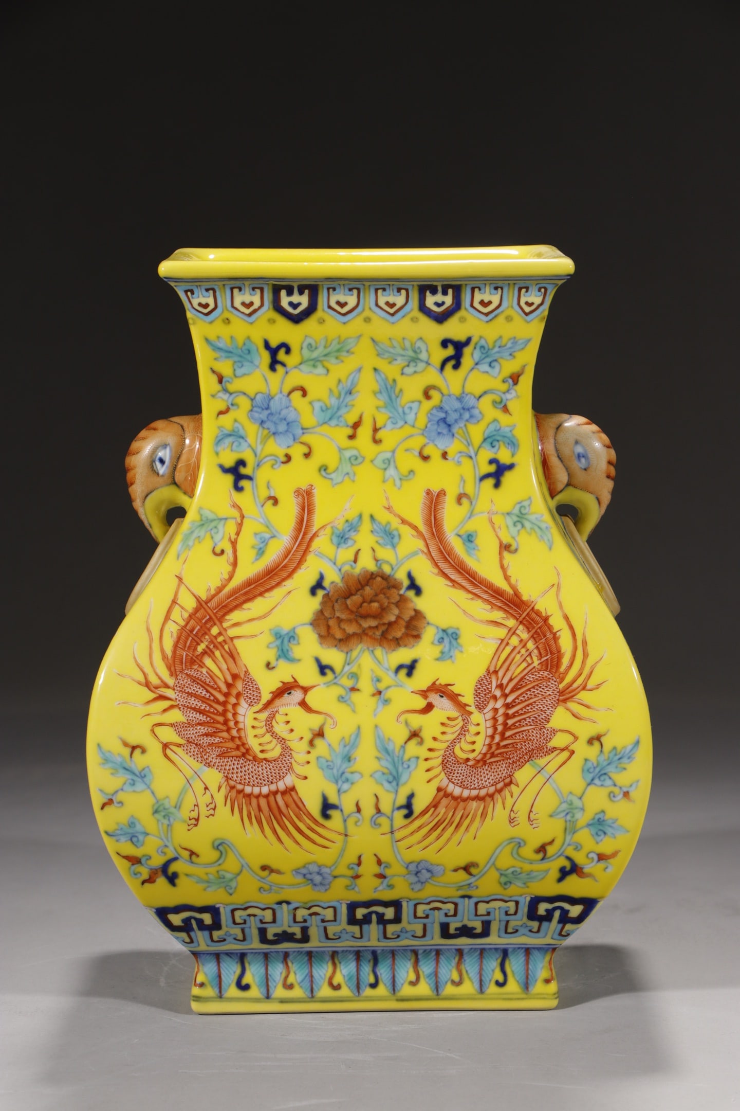 An Exquisite Chinese yellow ground colorful sails red entwined branches flowers and phoenixs: Size: Height 27 cm - Width 14.2 cm |Materials: Porcelain |Style Dynasty: Qing dynasty |Inscription: Qianlong Mark |Object: Chinese Antique