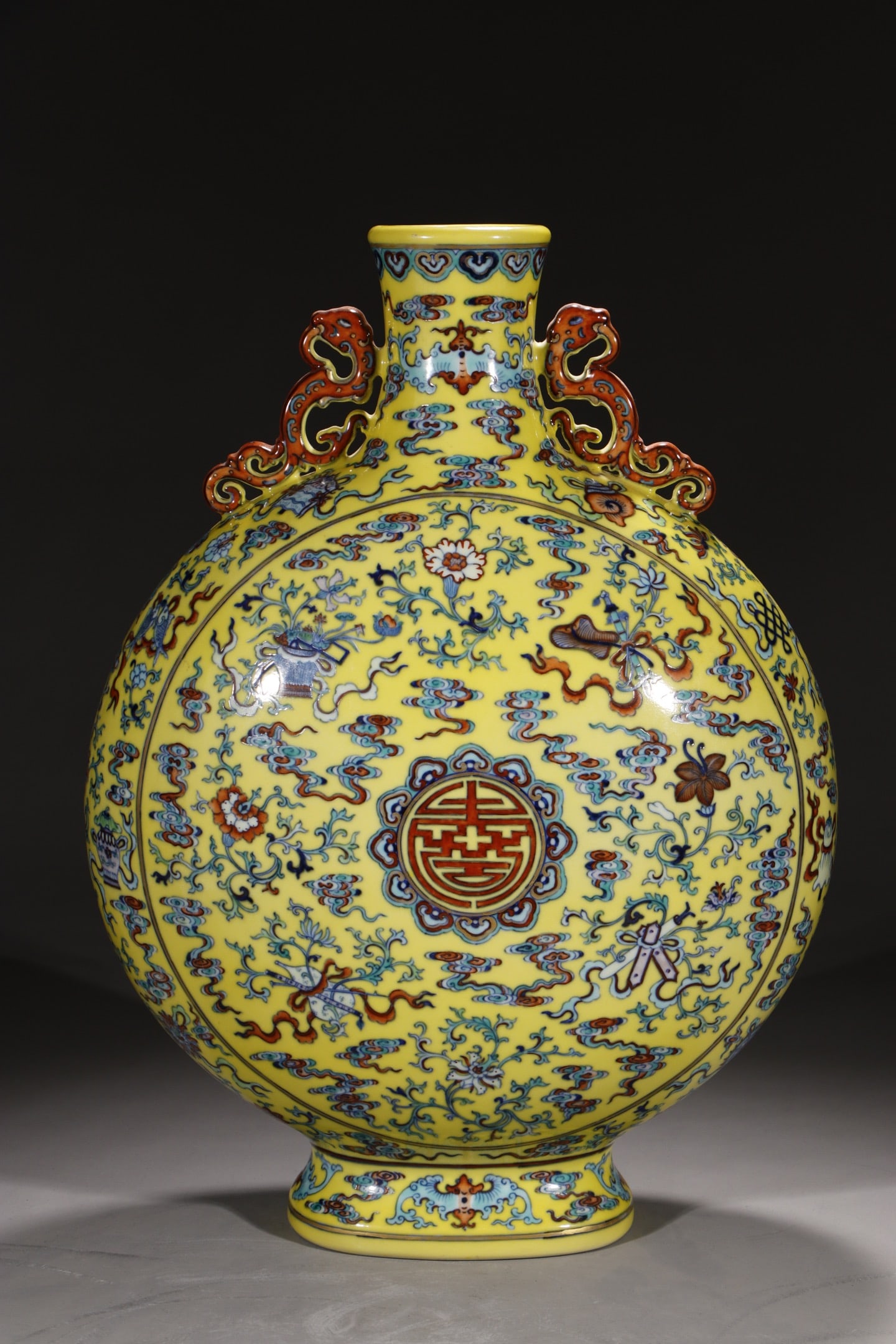 An Exquisite Chinese double-eared flat vase with painted gold lotus and eight treasures: Size: Height 52.5 cm - Width 14.2 cm |Materials: Porcelain |Style Dynasty: Qing dynasty |Inscription: Qianlong Mark |Object: Chinese Antique