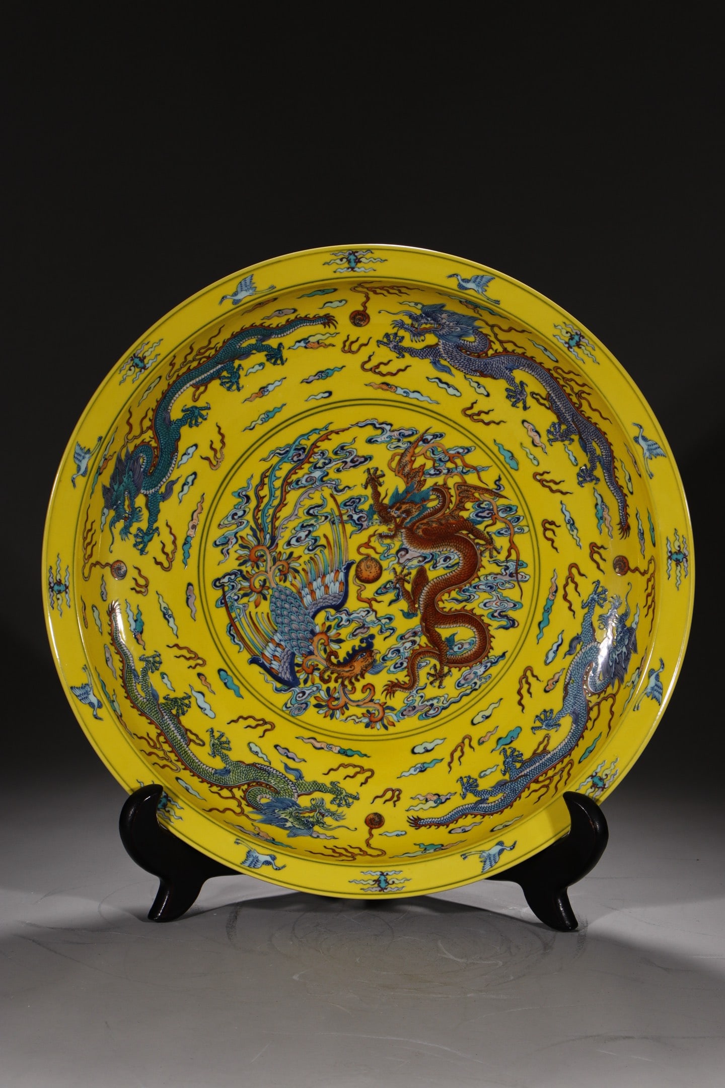 An Exquisite Chinese plate with colorful clouds nine dragons and phoenix on the yellow ground (1 of 9)