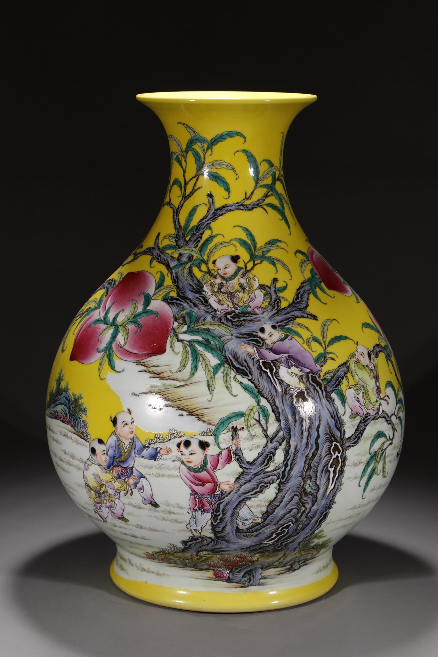 An Exquisite Chinese Yellow ground pastel tube with nine peach and big belly jade pot and spring: Size: Height 52.5 cm - Width 14.2 cm |Materials: Porcelain |Style Dynasty: Qing dynasty |Inscription: Qianlong Mark |Object: Chinese Antique