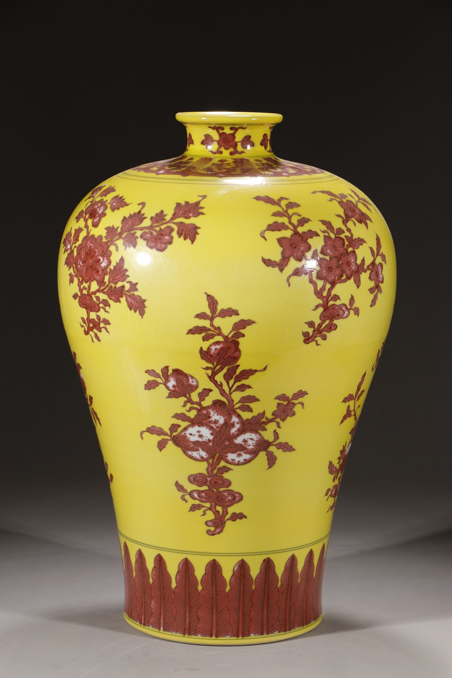 An Exquisite Chinese plum vase with three flowers and three fruits on yellow ground and red: Size: Height 56.5 cm - Width 14.2 cm |Materials: Porcelain |Style Dynasty: Qing dynasty |Inscription: Qianlong Mark |Object: Chinese Antique