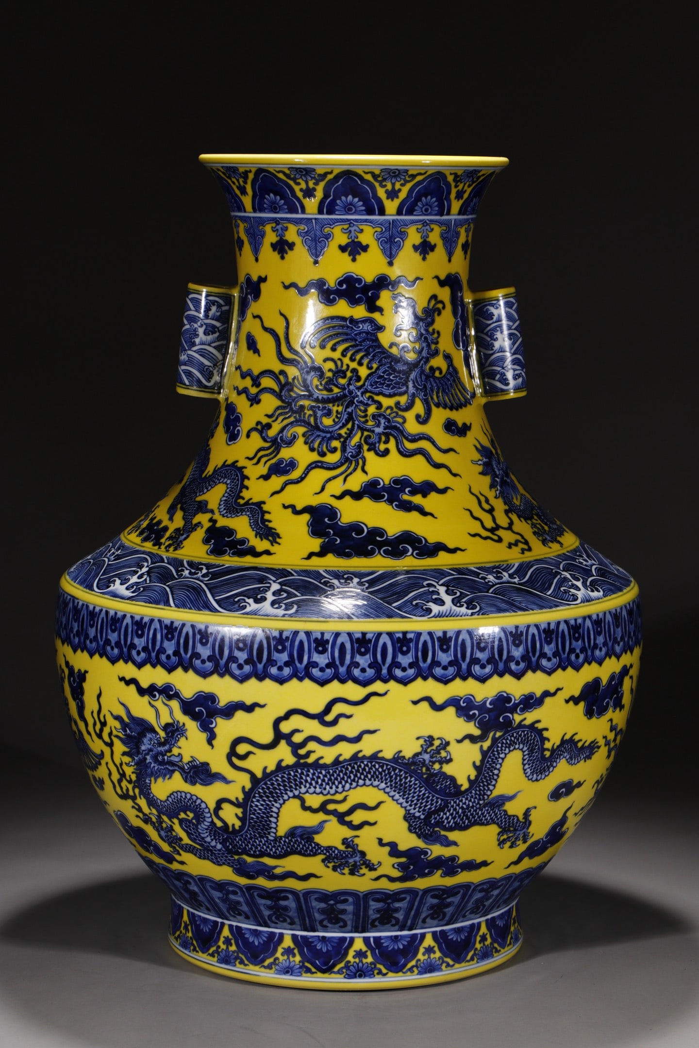 An Exquisite Chinese yellow ground blue and white sea water dragon and phoenix square pointed: Size: Height 52.5 cm - Width 14.2 cm |Materials: Porcelain |Style Dynasty: Qing dynasty |Inscription: Qianlong Mark |Object: Chinese Antique