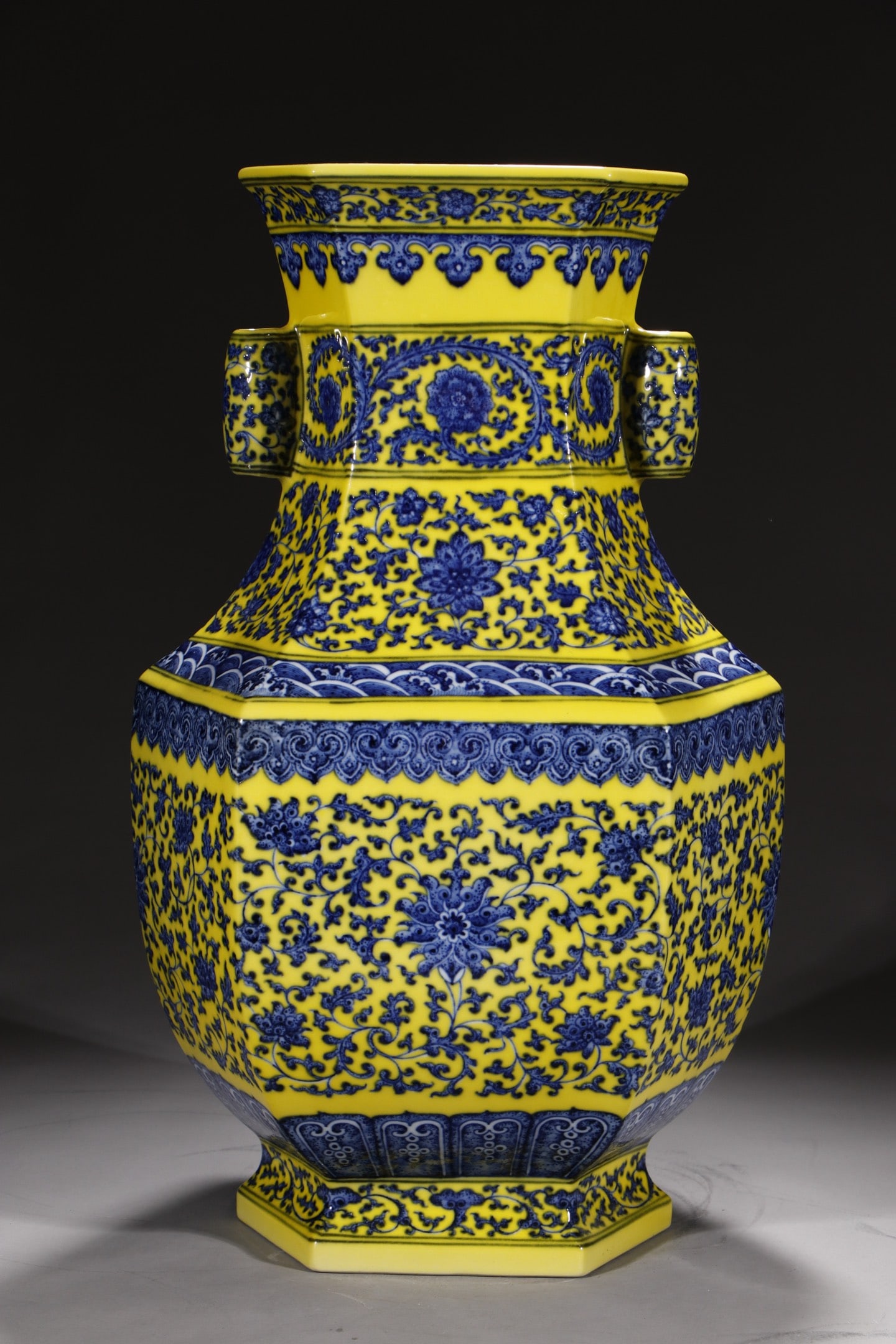 An Exquisite Chinese yellow ground blue and white lotus vase six direction ear mounted device: Size: Height 47 cm - Width 14.2 cm |Materials: Porcelain |Style Dynasty: Qing dynasty |Inscription: Qianlong Mark |Object: Chinese Antique