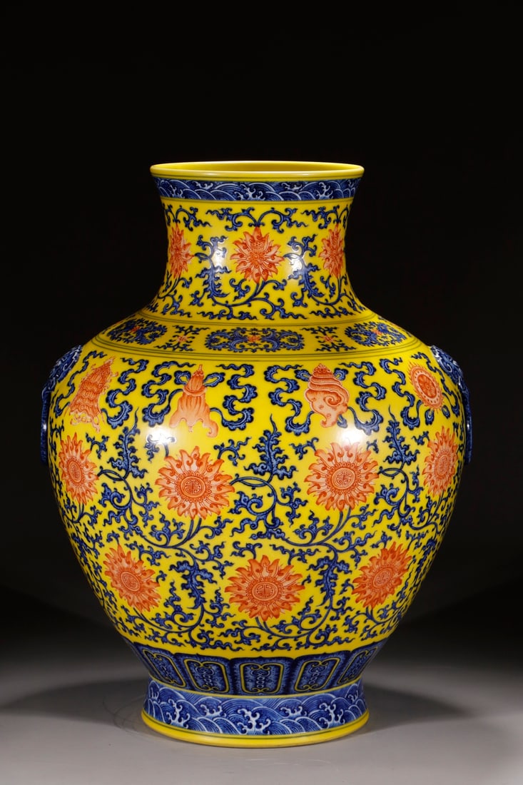 An Exquisite Chinese Yellow ground blue and white intertwined branches auxiliary animal ear statue: Size: Height 53 cm - Width 14.2 cm |Materials: Porcelain |Style Dynasty: Qing dynasty |Inscription: Qianlong Mark |Object: Chinese Antique