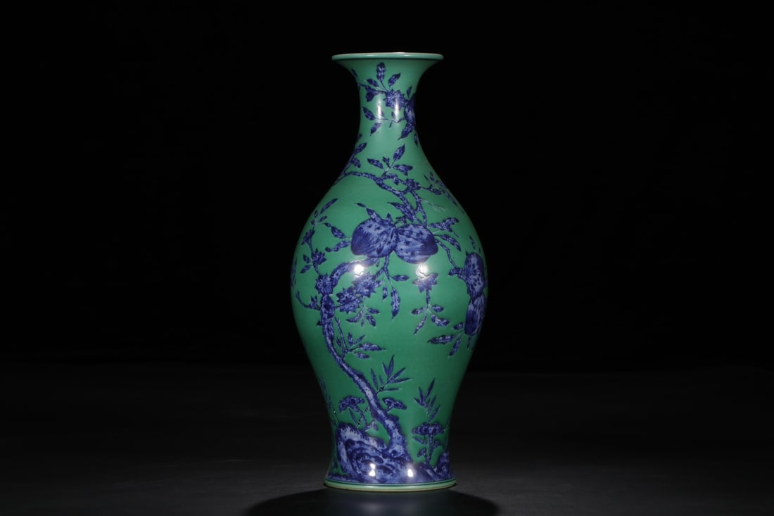An Exquisite Chinese green space blue and white bat longevity peach olive vase (1 of 9)