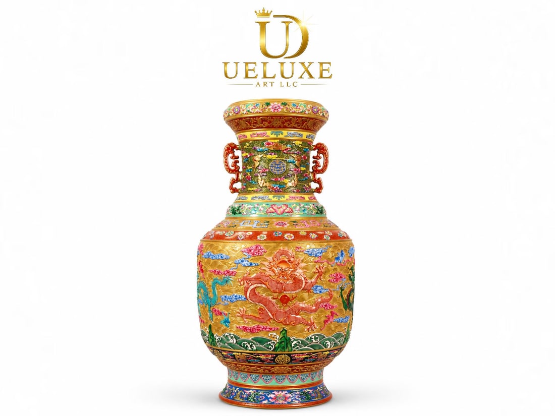 An Exquisite Chinese enamel colored porcelain king vase with five dragons on the golden ground (1 of 9)